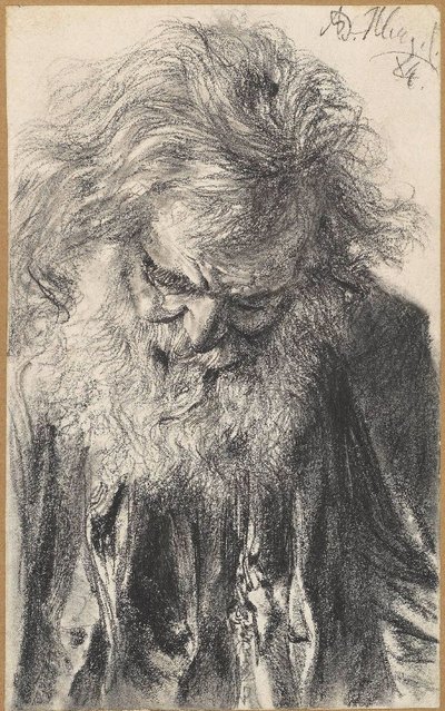 頭を下げたひげを生やした老人の半身像 作： Adolph Menzel